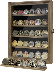 Vitrina de monedas Challenge 60 piezas madera rústica vidrio gabinete militar caja de sombra - Imagen 1 de 8