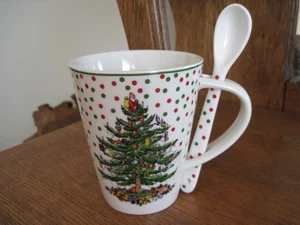 Spode Polka Dot Christmas Tree 14 Unzen Becher & Löffel Set Neu im Karton - Bild 1 von 8