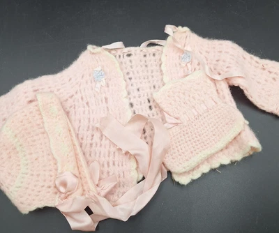 Vintage Pink Newborn Knitted Baby (or Doll) Sweater, Hat, Bootie-1 Set (0-3 M) - Image 1 of 3
