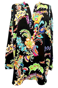 LAUREN Ralph Lauren Size XL Bright Botanical Printed on Black Popover Tunic Top - Picture 1 of 5