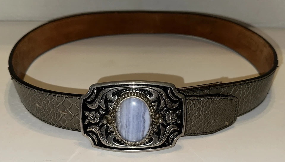 Cinturón Gris Nocona Cuero Genuino Azul Ágata Piedras Preciosas Hebilla Talla 30 Bonita Pátina Foto 1 de 4