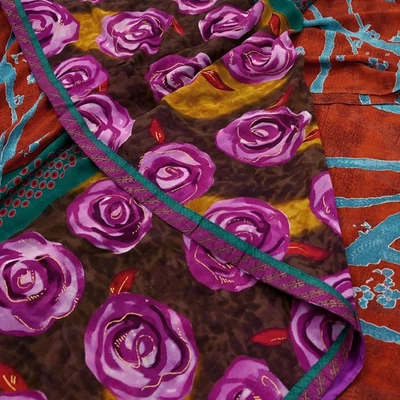 Vintage Multi Saree Georgette Digital Printed Sari Sewing 6yd Craft Soft Fabric - Image 1 of 4