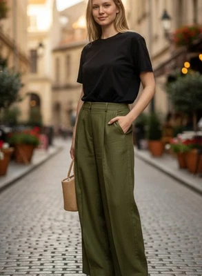 Calça Tencel COS tamanho 6 nova com etiquetas cintura alta perna larga plissada linho verde sólido neutro - Imagem 1 de 4