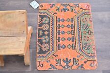 Oushak Turkish Doormat Rug 2x2 ORANGE Vintage Anatolian Handmade 1.5x1.9 feet