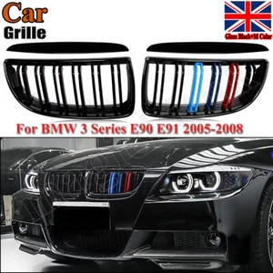 FOR BMW 3-SERIES E90 E91 M COLOR KIDNEY TWIN DUAL GRILLES GLOSS BLACK 2005-2008 - Picture 1 of 15