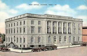 Jackson, TN Tennessee POSTAMT & Straßenansicht ~ Autos um 1940 Leinen Postkarte - Bild 1 von 2