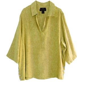 Tahari Gr. S 100% Leinen gelb Chambray V-Ausschnitt Abalone Muschelknöpfe Tunika Top - Bild 1 von 5