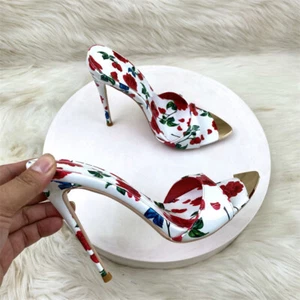 Women Slippers High Heel Pointed Toe Stilettos Mules Florals Shoes Sandals Party - Picture 1 of 17