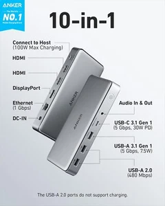Stacja dokująca Anker 10-w-1 USB C Displaylink z podwójnym portem HDMI i DisplayPort - Zdjęcie 1 z 7