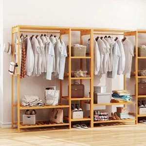 Bamboo Open Wardrobe Portable Hanging Garment Rack Clothes Coat Organizer Shelf - Picture 1 of 12