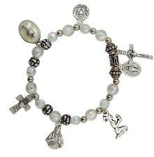 Silver Tone First Communion Multiple Charm Bracelet with Glass Beads, 6 Inch