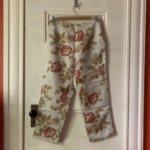 Jillian Jones Floral Pants 6 Linen Rayon Tan Pink Side Zip EUC - Picture 1 of 8