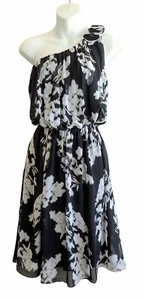 Alfani Dress Blouson One Shoulder Knee Length Floral Black White Womens Size 4 - Picture 1 of 11