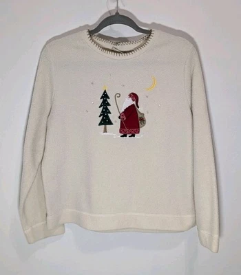 Suéter de Natal feminino veado branco M lã marfim Papai Noel árvore retrô feriado - Imagem 1 de 4