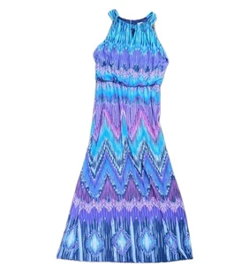 Robe maxi Chico’s violette sarcelle imprimé Ikat taille 1 med stretch tricot coupe décontractée SL - Photo 1/11