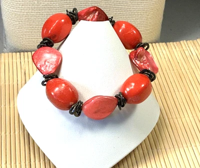 Fashion Bracelet Orange Plastic Hot Pink Mother of Pearl Stretch Lot 48D - Image 1 of 3