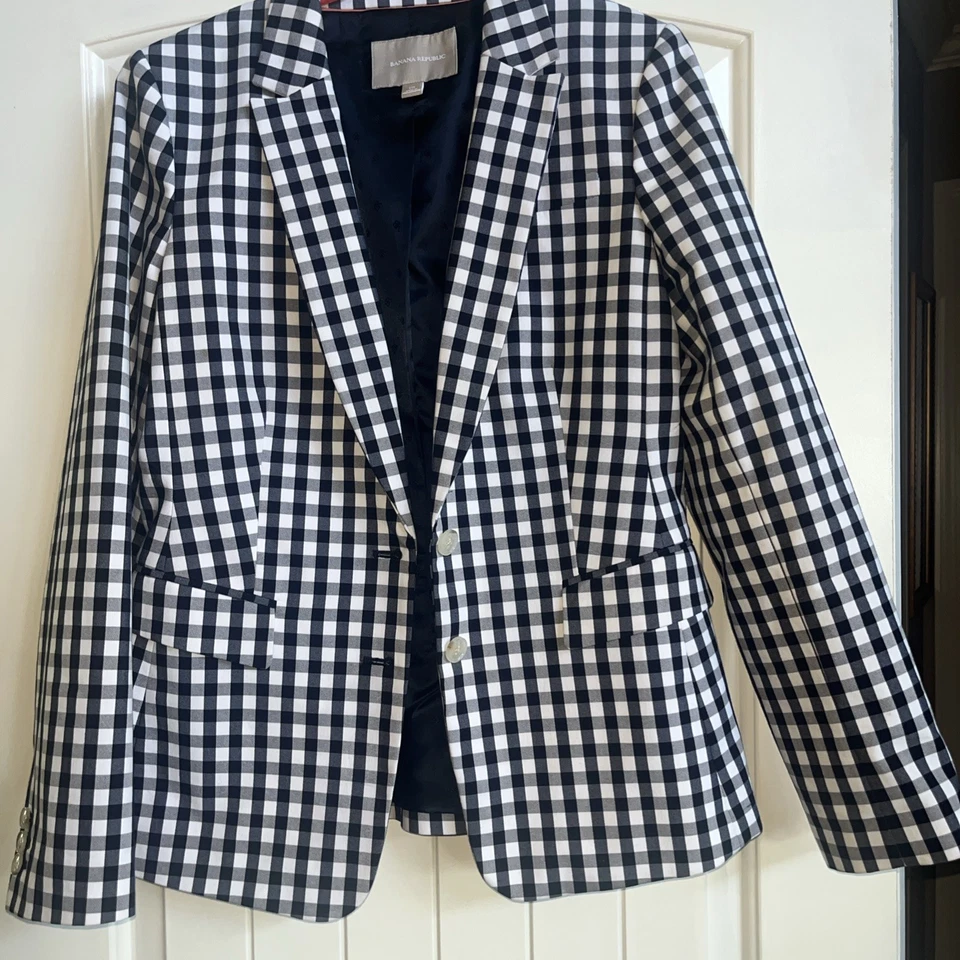 Chaqueta Blazer Banana Republic Gingham Cuadros Mujer Talla 10 Azul Blanco Oficina  Foto 1 de 4