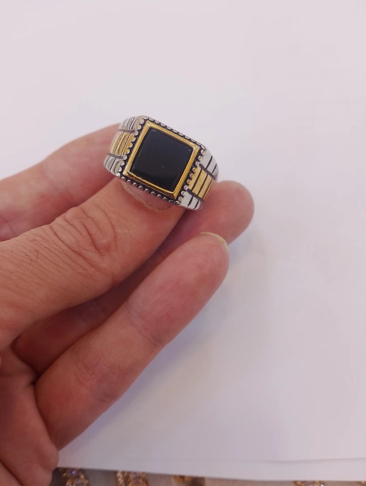 Antique Men s Stainless Steel Ring with Precious Stone - Image 1 of 3