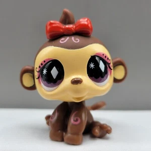 Littlest Pet Shop #714 Brown Monkey Figure Red Bow Purple Eyes Hasbro Figure - Picture 1 of 8