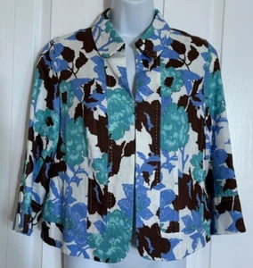 Kim Rogers Women’s Blue & Brown Floral Open Front Jacket Blazer Petite Small PS - Picture 1 of 7