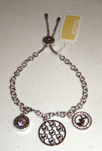 Bracciale Michael Kors 3 pezzi MK logo charms catena argento scorrevole MKJ3344040 + SCATOLA MK