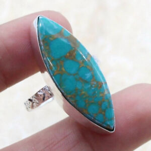 Copper Turquoise 925 Silver Plated Handmade Gemstone Ring US Size 9 Ethnic Gift