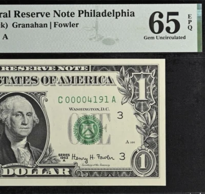 1963A $1 Federal Reserve Note PMG 65EPQ wanted low serial number 4191 Fr 1901-C - Image 1 of 3