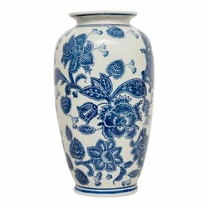 Anemone Urn Flowers Vase Hand Painted Floral Blue & White Accent Decor - Picture 1 of 5