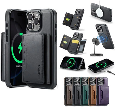 Leather Magnetic Charge Card Slot Phone Case For iPhone 16 15 14 13 12 Pro Max - Image 1 of 4