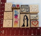 Timbres en caoutchouc montés en bois mariage cœurs d'amour feuilles roses (ensemble de 11 timbres) 