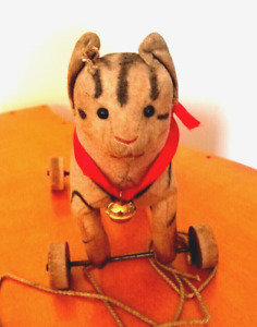 antique  authentic  Steiff   tiger  cat  on  wheel   CHAT  STEIFF  SUR  ROULETTE