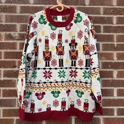 Disney Parks Ugly Sweater Men's XL Cream Red Christmas Nutcracker Mickey Lights - Image 1 of 4