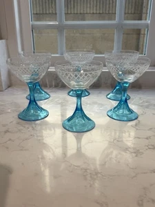 Rare Vintage Turquoise Blue Stem Glasses Etched Design Champagne Liquor Sherbet - Picture 1 of 13
