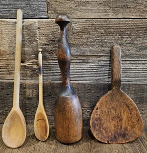 ANTIKER Kartoffelstampfer aus Holz, Spatel und 2 Holzlöffel Küchenutensilien USA - Bild 1 von 5