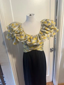 Vintage 1970-80s Michael Novarese Off Shoulder Vintage Gown yellow black Pattern - Picture 1 of 9