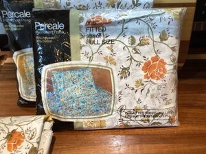 JC Penney Orange Floral Percale Juliet Full 4 Pc Sheet Set Complete Sealed NOS - Picture 1 of 15