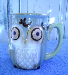 Gibson Home Ceramic Big Eyed Owl Mug Stoneware Pottery Green Owl Coffee Mug Cup - Picture 1 of 6