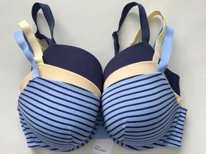 BNWT M&S 3PK COTTON RICH PADDED WIRED BALCONY BRAS NAVY - LEMON - BLUE STRIPE - Picture 1 of 2