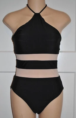 PQ Pilyq Black Halter Mesh Sheer Center Inserts One Piece Swimsuit size S New - Image 1 of 3