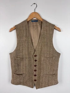 Vintage Polo Ralph Lauren Linen Silk Wool Vest Herringbone Waistcoat Brown M - Picture 1 of 11