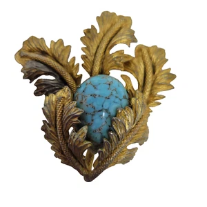 Vintage Brooch / Pendant Textured Leaf Design w/ Turquoise Stone Center - Picture 1 of 9