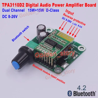 TPA3110 DC 12V-24V Digital Stereo Audio Bluetooth4.2 Power Amplifier Board 2*15W - Image 1 of 4