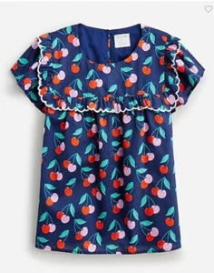 New Crewcuts Girl Navy Cherry Blouse Short Sleeve Ruffled Bib Cotton Sz 8 10 12 - Picture 1 of 2