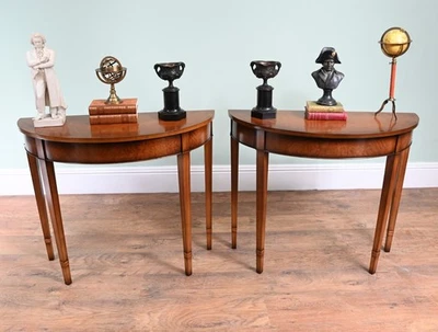 Pair Sheraton Console Tables Demi Lune Walnut Regency - Image 1 of 4