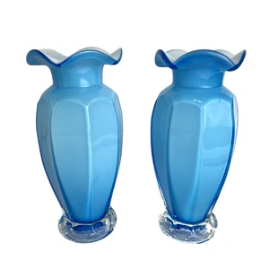 Pair of 2 Art Cased Glass Vase Blue With White Interior Ruffled Rim 7.75" - Picture 1 of 8