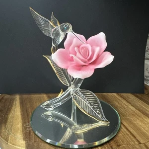 Glass Hummingbird figurine With Pink porcelain flower No Box - Picture 1 of 9