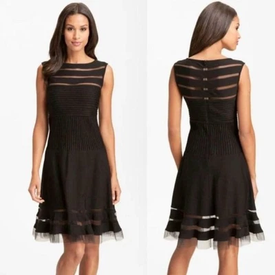 Tadashi Shoji 黑色网眼条纹修身 N 喇叭裙 — 第 1/4 张图片