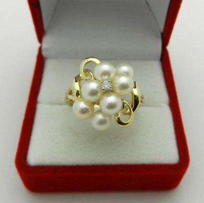 Cocktail Solid 10k Yellow Gold Cluster 8 Pearls Ring Diamond Accent 4 gr size 9 - Image 1 of 4