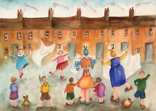 LARGE WATERCOLOUR PAINTING WASH DAY WHITES houses street children
