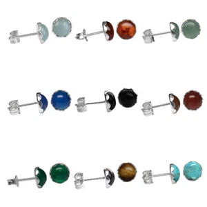 6mm ROUND GENUINE GEMSTONE CABOCHON 925 STERLING SILVER EAR STUD EARRINGS - Picture 1 of 9